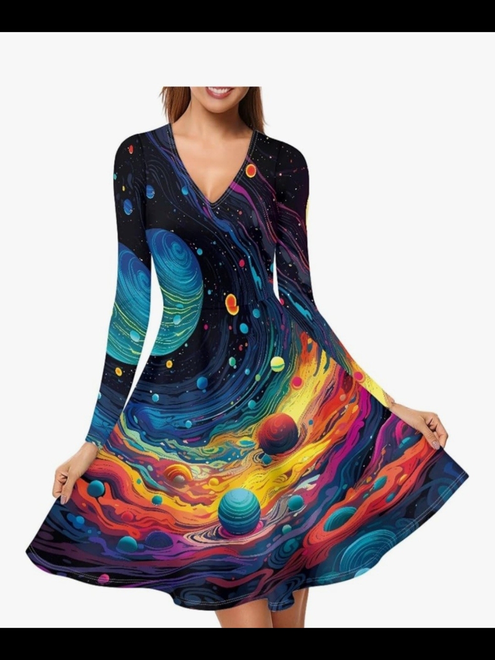 V-Neck Long Sleeve Dress in Multicolor Cosmic Swirl